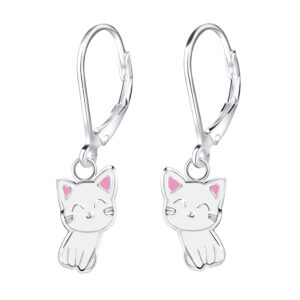 Sterling Silver Cat Lever Back Earrings