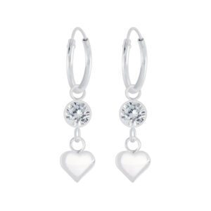 CZ Heart Charm Sterling Silver Hoop Earrings - White
