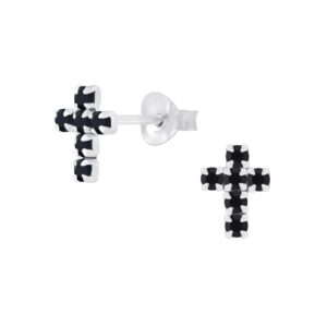 Sterling Silver Cross Crystal Stud Earrings - Jet