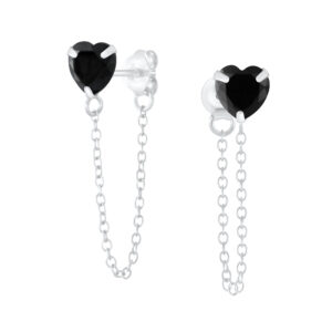 6mm Heart CZ Sterling Sliver Stud Earrings with Chain - Black