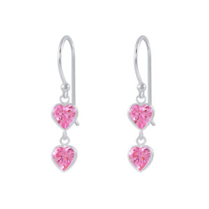 Sterling Silver Heart Cubic Zirconia Dangle Earrings - Pink