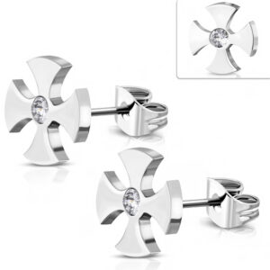 Stainless Steel Templar Cross Stud Earrings w/ Clear CZ (pair)