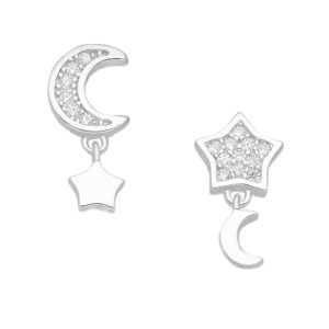 CZ Moon Star Rhodium Plated Sterling Silver Post Drop Earrings