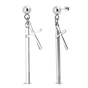 Stainless Steel Cross Charm Straight Line Stick Thin Bar Long Drop Stud Earrings (Pair)