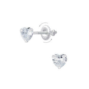 4mm Heart Cubic Zirconia Sterling Silver Screw Back Earrings - White