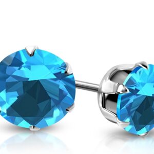 5mm | Stainless Steel Prong-Set Round Circle Stud Earrings w/ Sky Blue/ Aquamarine CZ (pair)