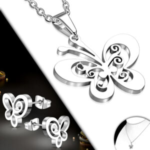 Stainless Steel Cut-out Butterfly Charm Chain Necklace & Pair of Stud Earrings (SET)