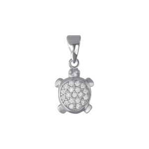 16” Clear CZ Rhodium Plated Sterling Silver Turtle Pendant / Charm