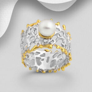 Freshwater Pearl Rhodium and 22k Gold Plated Sterling Silver Ring