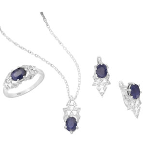 Hybrid Sapphire + CZ Rhodium Plated Ring Earrings and Necklace