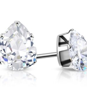 4x6mm | Stainless Steel Prong-Set Pear/ Teardrop Stud Earrings w/ Clear CZ (pair)