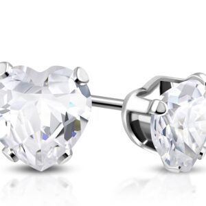 5mm | Stainless Steel Prong-Set Love Heart Stud Earrings w/ Clear CZ (pair)