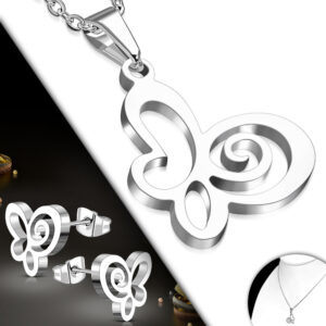 Stainless Steel Cut-out Butterfly Charm Chain Necklace & Pair of Stud Earrings (SET)