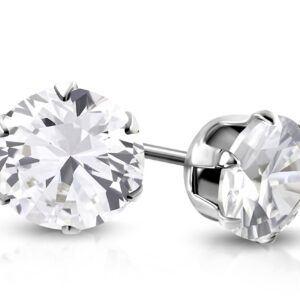 4mm | Stainless Steel Prong-Set Round Circle Stud Earrings w/ Clear CZ (pair)