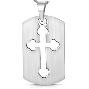 Stainless Steel 2-Part Cut-out Budded Cross Rectangle Tag Pendant