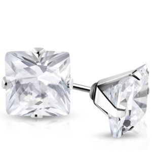 3mm | Stainless Steel Small Square Stud Earrings w/ Clear CZ (pair)
