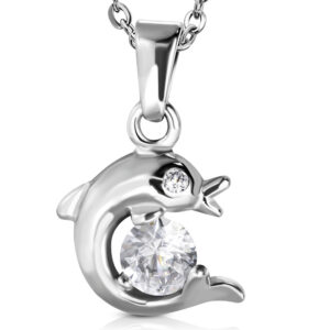 Small Stainless Steel Spiral Dolphin Charm Pendant w/ Clear CZ