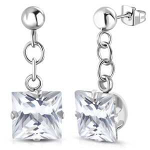 8mm | Stainless Steel Prong-Set Square Long Drop Stud Earrings w/ Clear CZ (pair)