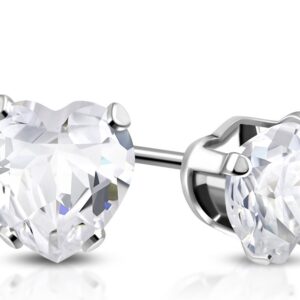 4mm | Stainless Steel Prong-Set Love Heart Stud Earrings w/ Clear CZ (pair)