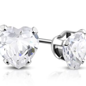 6mm | Stainless Steel Prong-Set Love Heart Stud Earrings w/ Clear CZ (pair)