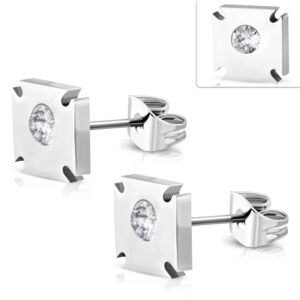 Stainless Steel Square Stud Earrings w/ Clear CZ (pair)