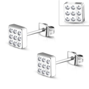 6mm | Stainless Steel Square Stud Earrings w/ Clear CZ (pair)