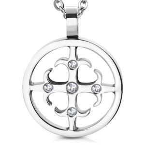 Stainless Steel Fleur De Lis Cross Circle Charm Pendant w/ Clear CZ
